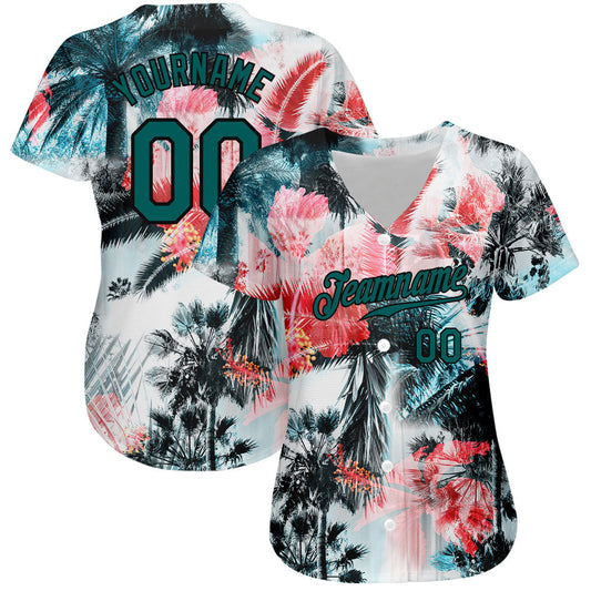 Custom White Midnight Green-Black 3D Pattern Design Hawaii Palm Trees Authentic Baseball Jersey - Sky-Custom
