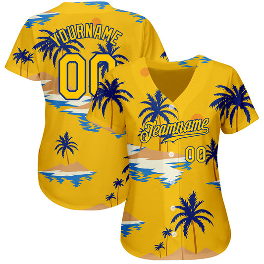 Custom Yellow Royal 3D Pattern Design Sun Beach Hawaii Palm Trees Authentic Baseball Jersey - Sky-Custom