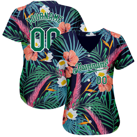Custom Black Kelly Green-White 3D Pattern Design Hawaii Palm Leaves And Flowers Authentic Baseball Jersey - Sky-Custom