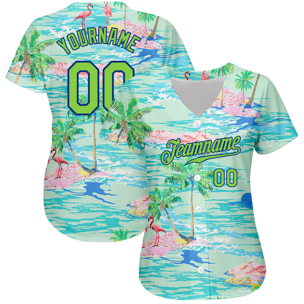 Custom Lakes Blue Neon Green-Royal 3D Pattern Design Beach Hawaii Palm Trees And Flamingo Authentic Baseball Jersey - Sky-Custom