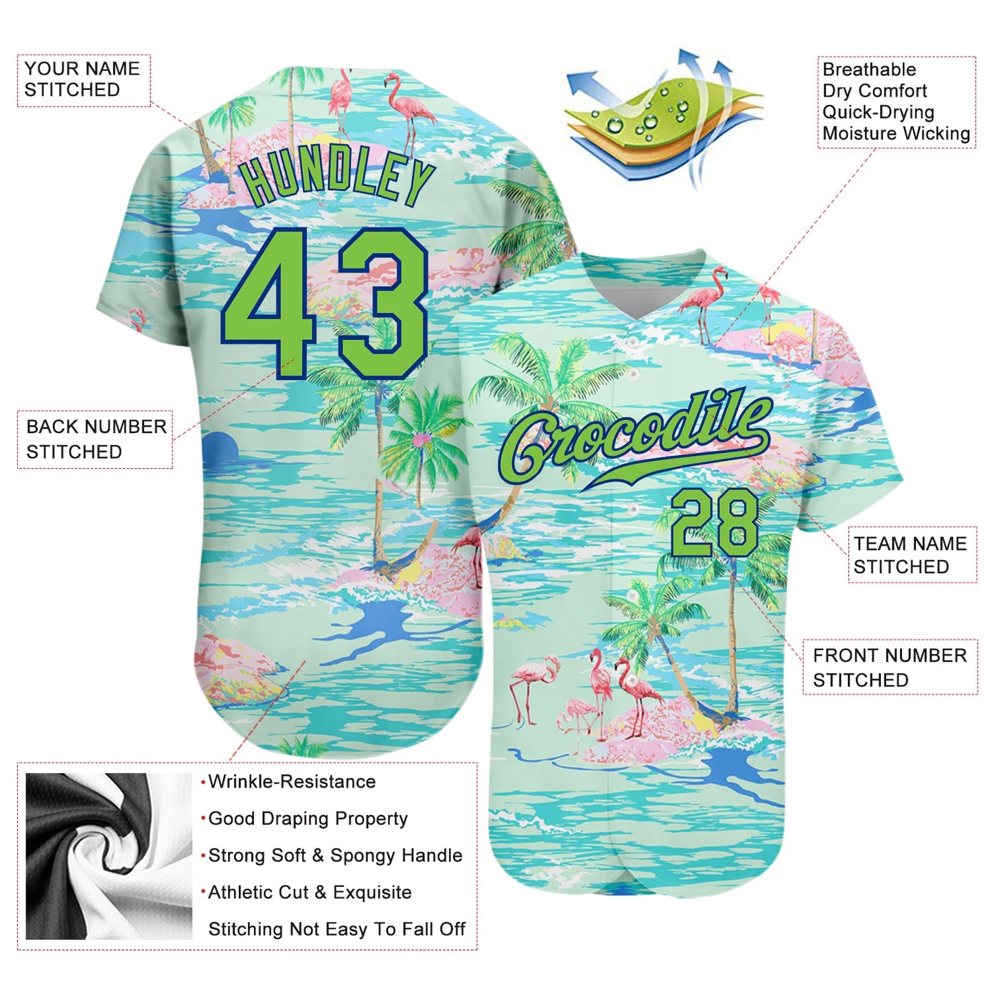Custom Lakes Blue Neon Green-Royal 3D Pattern Design Beach Hawaii Palm Trees And Flamingo Authentic Baseball Jersey - Sky-Custom