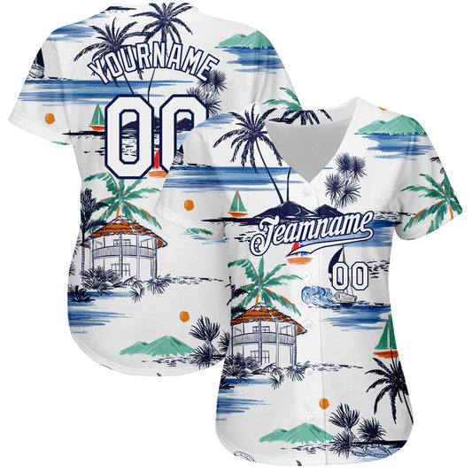 Custom White Navy 3D Pattern Design Hawaii Palm Trees Island And Sailboat Authentic Baseball Jersey - Sky-Custom