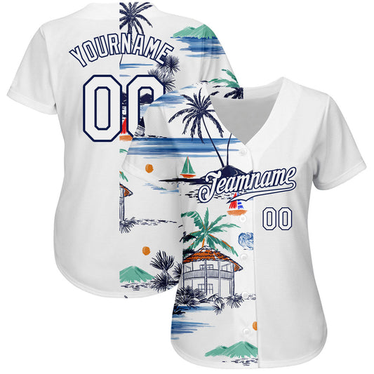 Custom White Navy 3D Pattern Design Hawaii Palm Trees Island And Sailboat Authentic Baseball Jersey - Sky-Custom