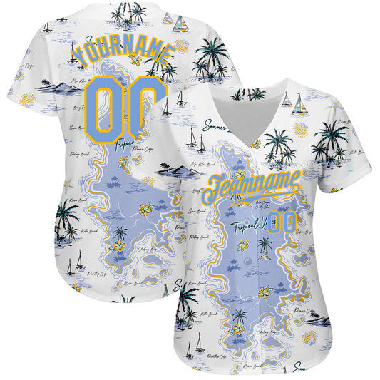 Custom White Light Blue-Yellow 3D Pattern Design Beach Hawaii Palm Trees And Island Authentic Baseball Jersey - Sky-Custom