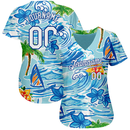 Custom White Royal 3D Pattern Design Beach Hawaii Palm Trees And Flowers Authentic Baseball Jersey - Sky-Custom