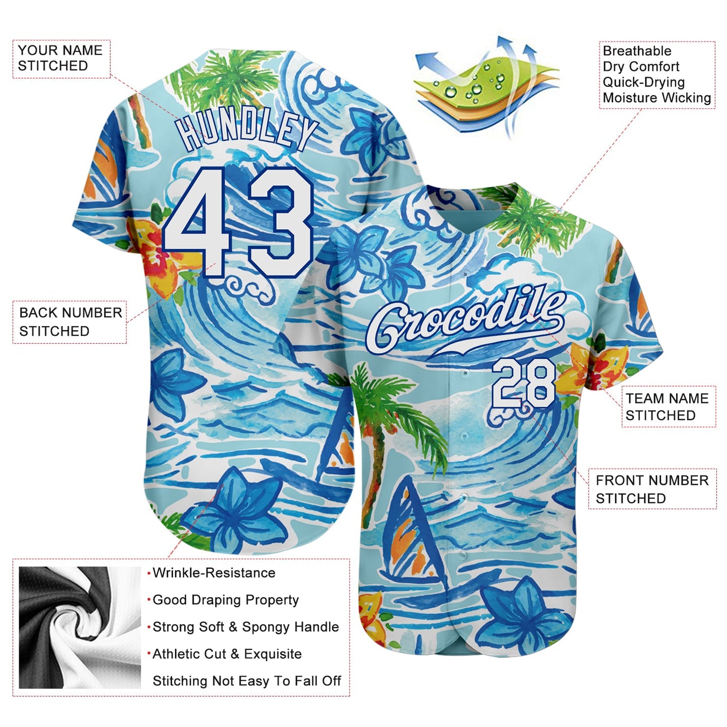 Custom White Royal 3D Pattern Design Beach Hawaii Palm Trees And Flowers Authentic Baseball Jersey - Sky-Custom