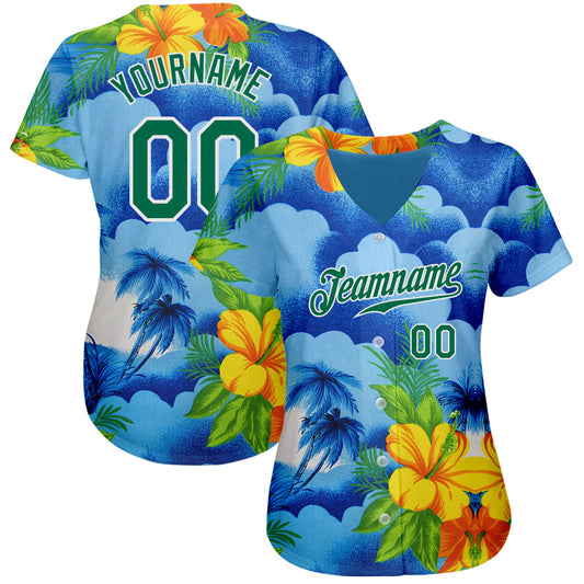 Custom White Kelly Green 3D Pattern Design Beach Hawaii Palm Trees And Flowers Authentic Baseball Jersey - Sky-Custom