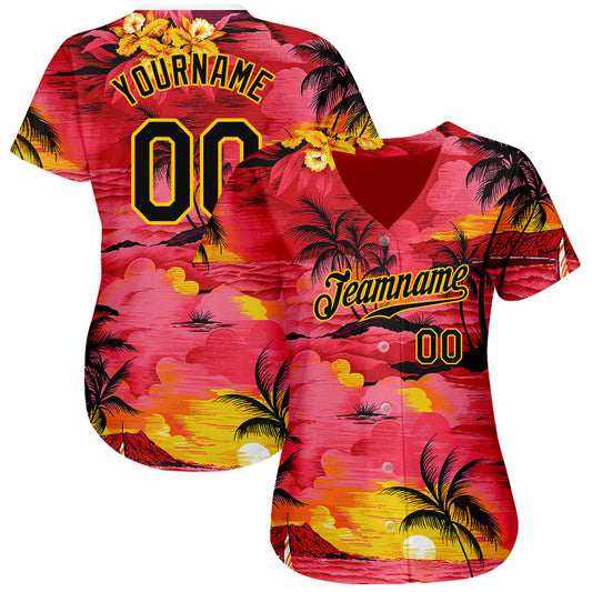 Custom Red Black-Yellow 3D Pattern Design Sun Beach Hawaii Palm Trees Authentic Baseball Jersey - Sky-Custom