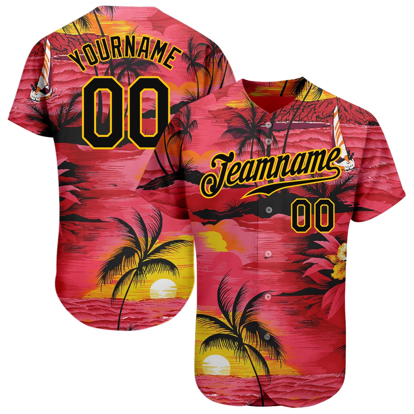 Custom Red Black-Yellow 3D Pattern Design Sun Beach Hawaii Palm Trees Authentic Baseball Jersey - Sky-Custom