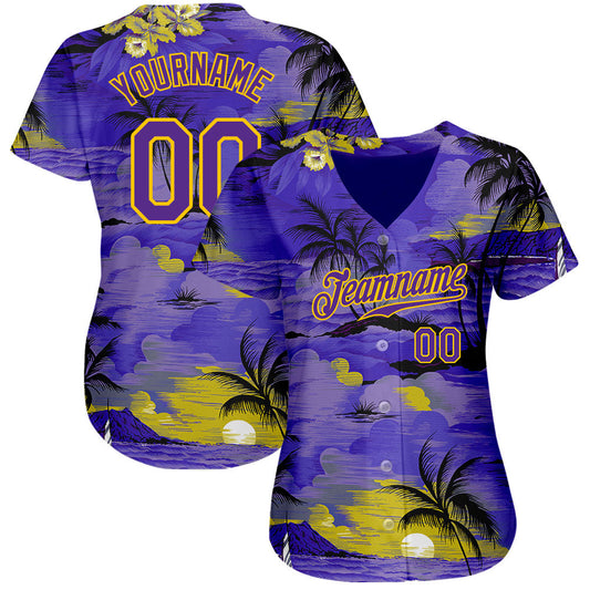 Custom Purple Yellow 3D Pattern Design Sun Beach Hawaii Palm Trees Authentic Baseball Jersey - Sky-Custom