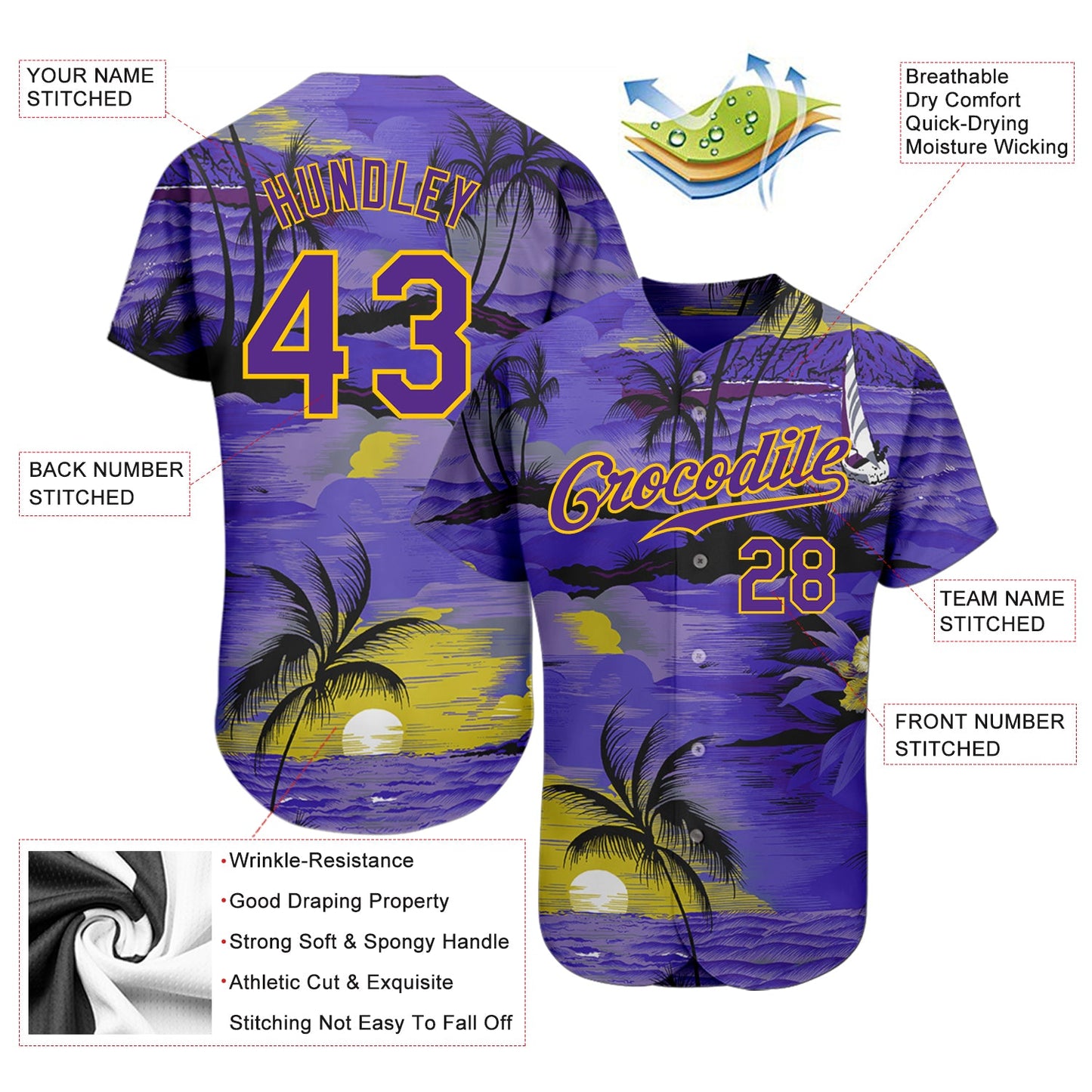 Custom Purple Yellow 3D Pattern Design Sun Beach Hawaii Palm Trees Authentic Baseball Jersey - Sky-Custom