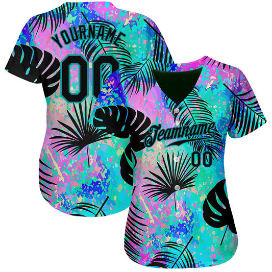 Custom Teal Black 3D Pattern Design Hawaii Palm Leaves Authentic Baseball Jersey - Sky-Custom