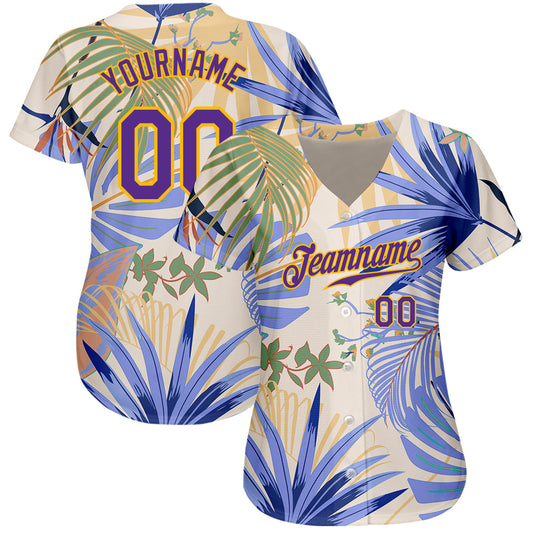 Custom White Purple-Gold 3D Pattern Design Hawaii Palm Leaves And Flowers Authentic Baseball Jersey - Sky-Custom