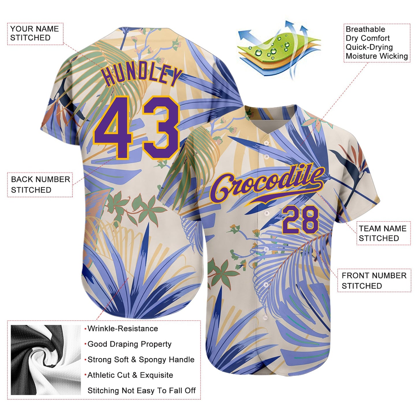Custom White Purple-Gold 3D Pattern Design Hawaii Palm Leaves And Flowers Authentic Baseball Jersey - Sky-Custom