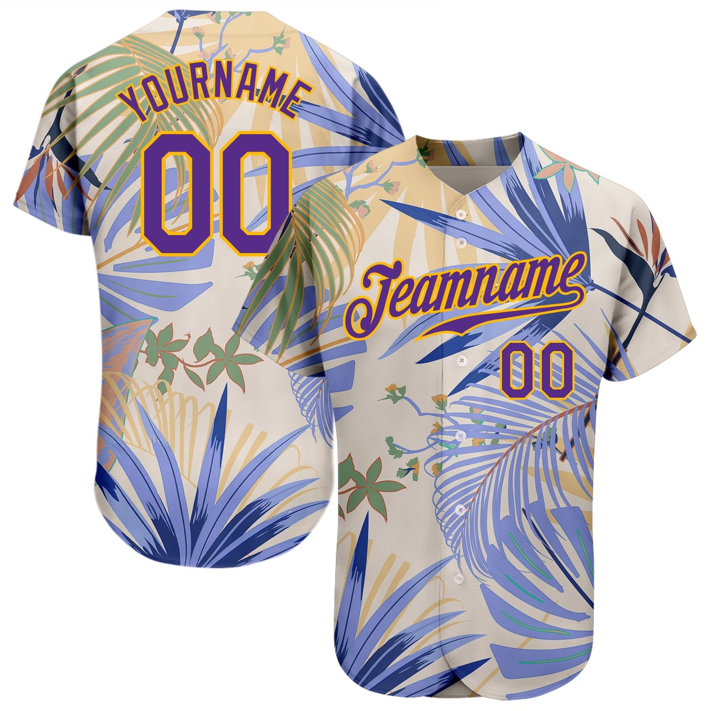 Custom White Purple-Gold 3D Pattern Design Hawaii Palm Leaves And Flowers Authentic Baseball Jersey - Sky-Custom