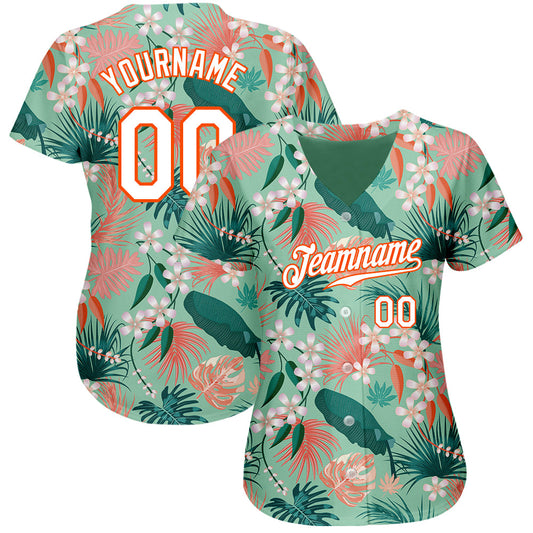 Custom Teal White-Orange 3D Pattern Design Hawaii Palm Leaves And Flowers Authentic Baseball Jersey - Sky-Custom
