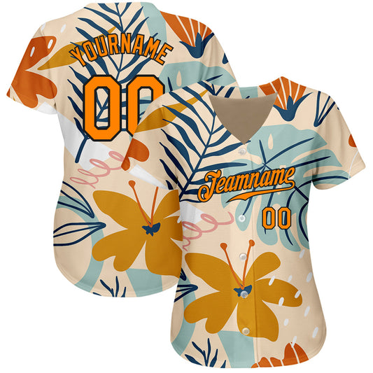 Custom Cream Bay Orange-Black 3D Pattern Design Hawaii Palm Leaves And Flowers Authentic Baseball Jersey - Sky-Custom