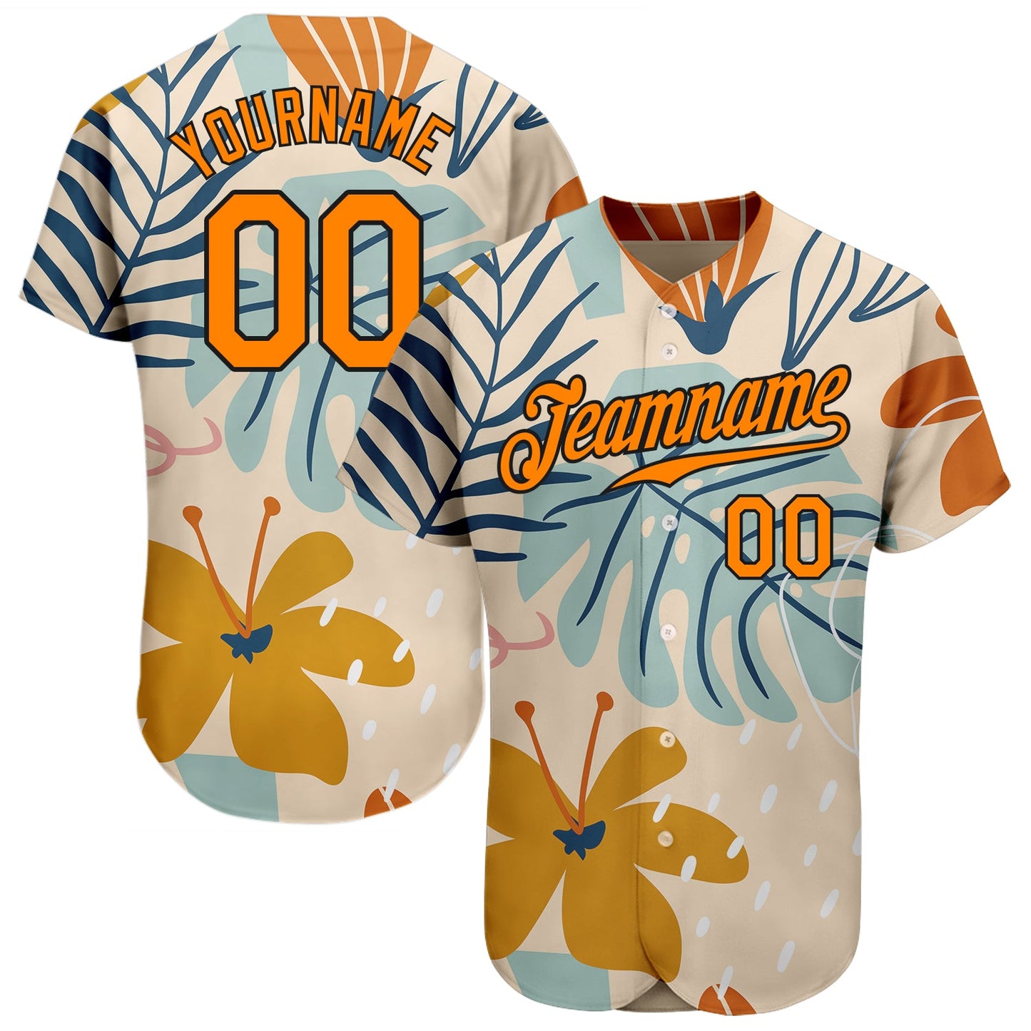 Custom Cream Bay Orange-Black 3D Pattern Design Hawaii Palm Leaves And Flowers Authentic Baseball Jersey - Sky-Custom