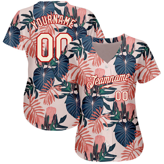 Custom Cream Red 3D Pattern Design Hawaii Palm Leaves And Flowers Authentic Baseball Jersey - Sky-Custom