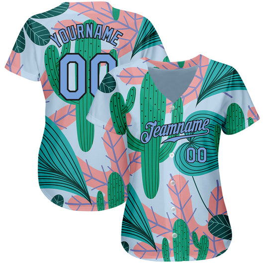 Custom Sky Blue Light Blue-Black 3D Pattern Design Cactus And Leaves Authentic Baseball Jersey - Sky-Custom