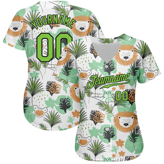 Custom White Neon Green-Black 3D Pattern Design Hawaii Palm Leaves And Lions Authentic Baseball Jersey - Sky-Custom