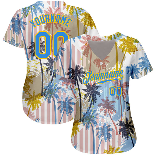 Custom White Electric Blue-Yellow 3D Pattern Design Hawaii Coconut Palms Authentic Baseball Jersey - Sky-Custom