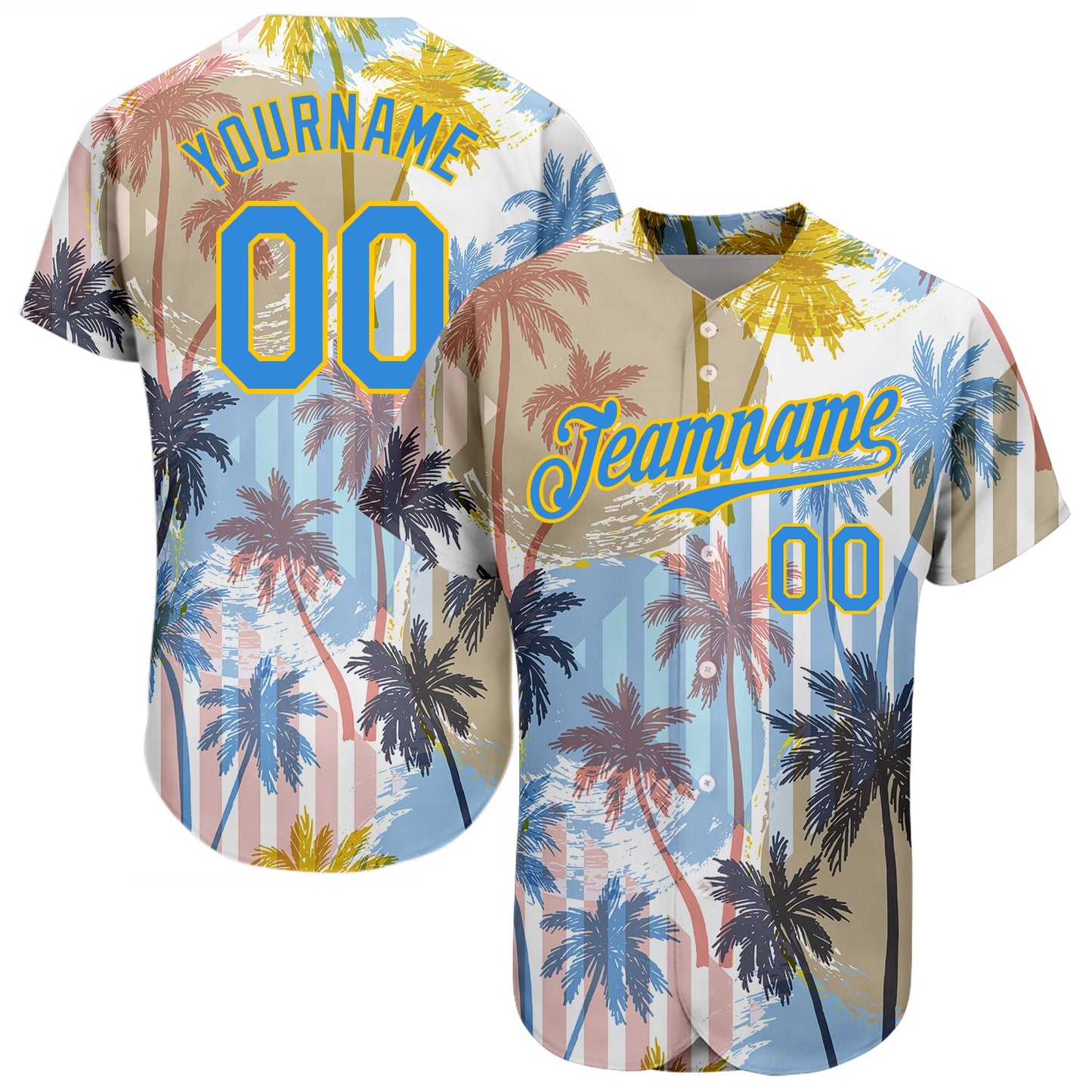 Custom White Electric Blue-Yellow 3D Pattern Design Hawaii Coconut Palms Authentic Baseball Jersey - Sky-Custom
