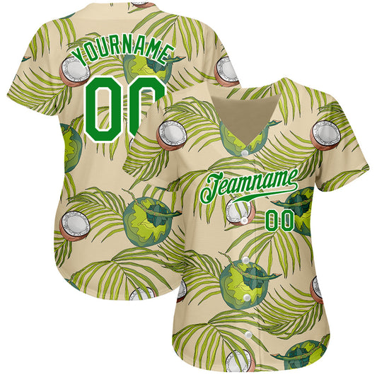Custom Cream Grass Green-White 3D Pattern Design Coconuts And Leaves Authentic Baseball Jersey - Sky-Custom