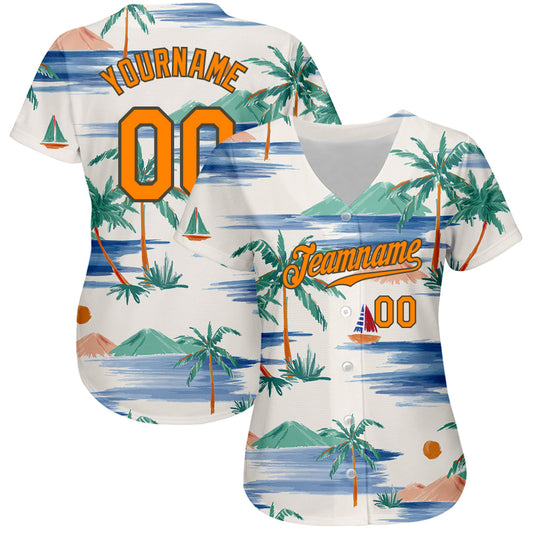 Custom Cream Bay Orange-Olive 3D Pattern Design Beach Coconut Palms Island And Sailboat Authentic Baseball Jersey - Sky-Custom