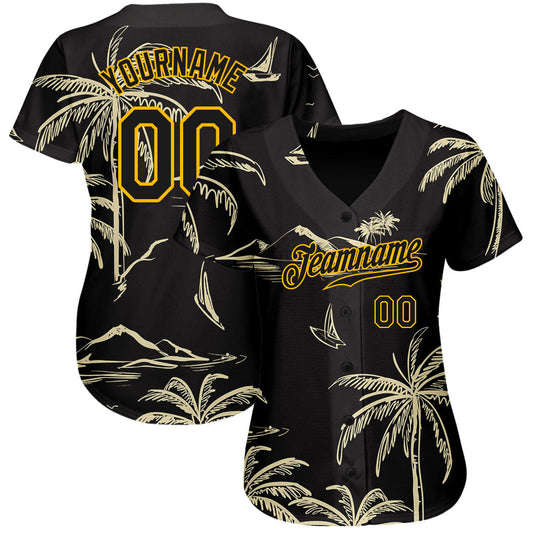 Custom Black Gold 3D Pattern Design Hawaii Palm Trees Island And Sailboat Authentic Baseball Jersey - Sky-Custom