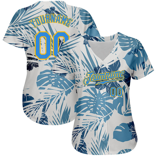 Custom White Electric Blue-Gold 3D Pattern Design Hawaii Palm Leaves And Flowers Authentic Baseball Jersey - Sky-Custom