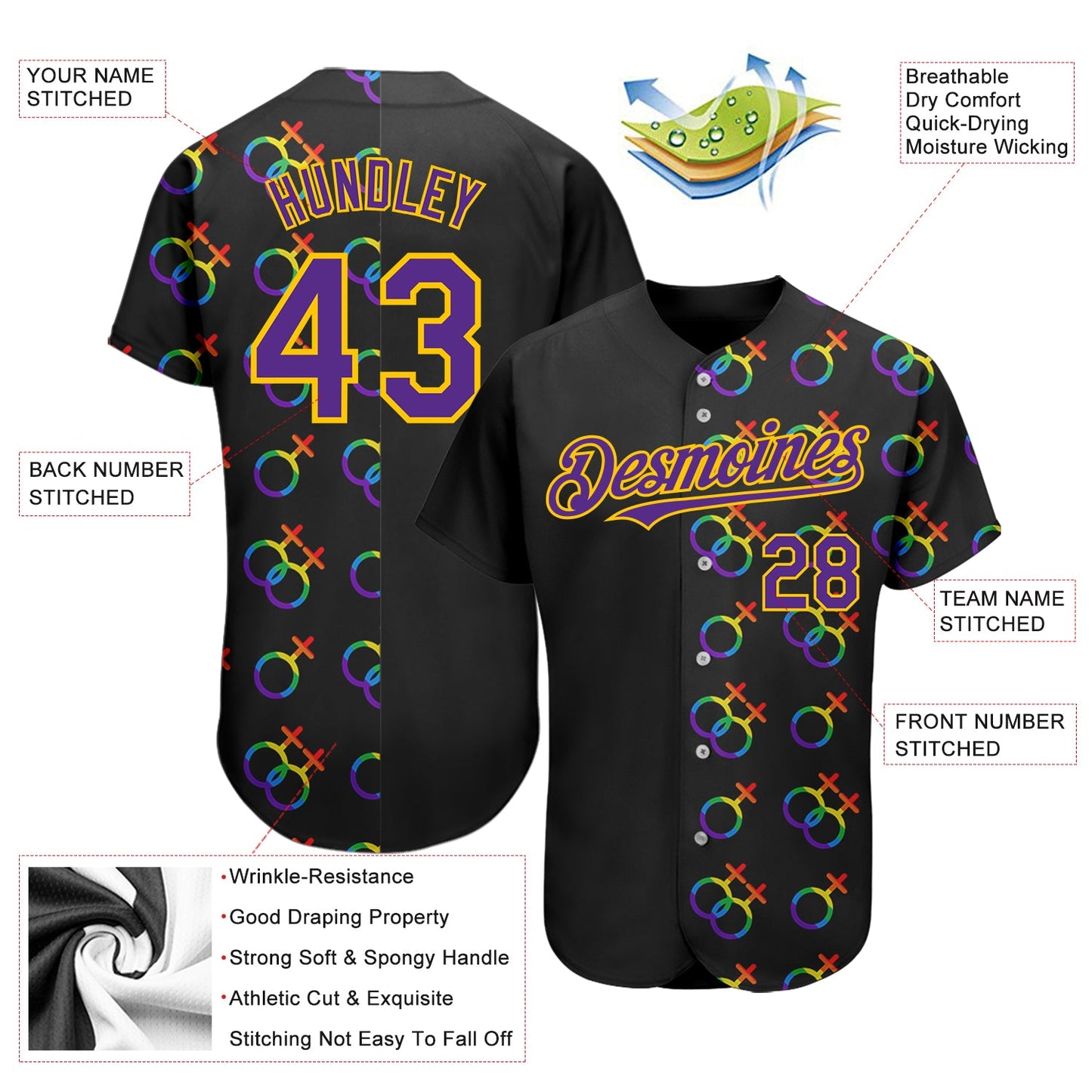 Custom Rainbow For Pride Month Love Is Love LGBT 3D Authentic Baseball Jersey - Sky-Custom