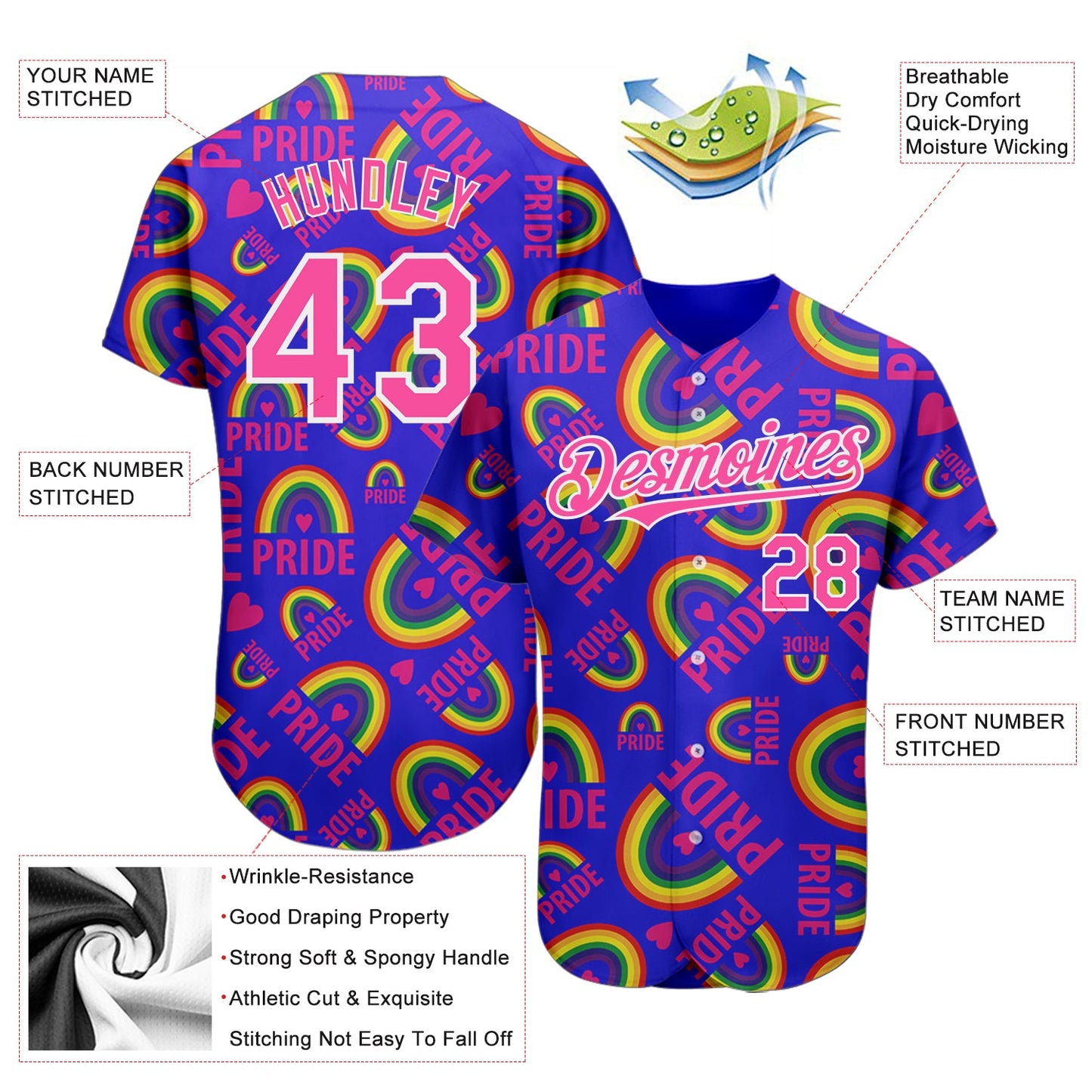 Custom Rainbow For Pride Month Love Is Love LGBT 3D Authentic Baseball Jersey - Sky-Custom