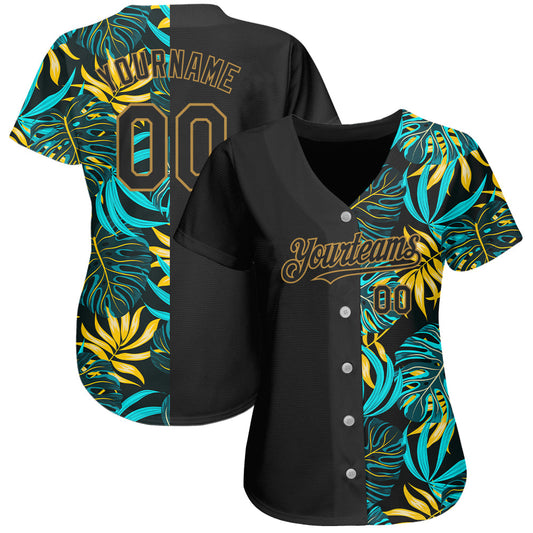 Custom Black Old Gold 3D Pattern Design Hawaii Tropical Palm Leaves Authentic Baseball Jersey - Sky-Custom