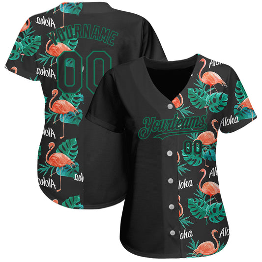 Custom Black Kelly Green 3D Pattern Design Hawaii Flamingos And Leaves Authentic Baseball Jersey - Sky-Custom