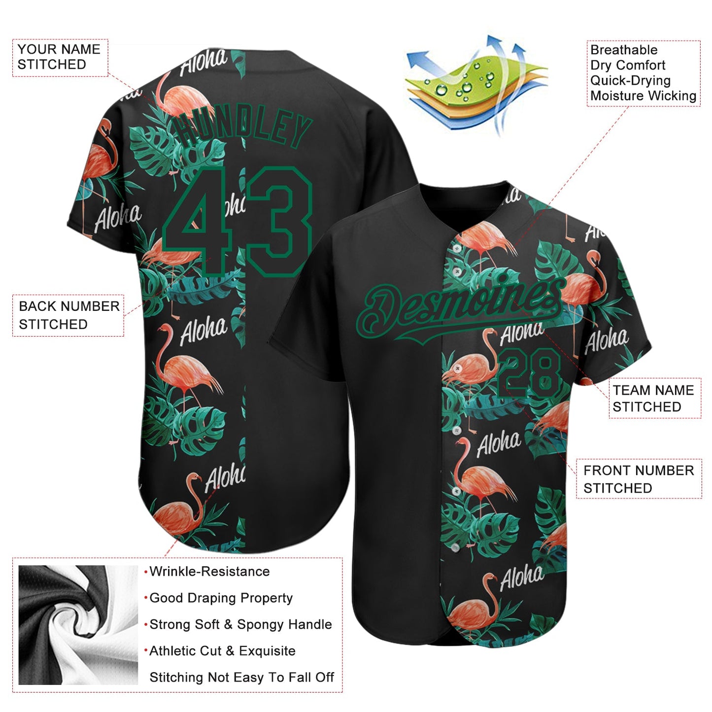 Custom Black Kelly Green 3D Pattern Design Hawaii Flamingos And Leaves Authentic Baseball Jersey - Sky-Custom