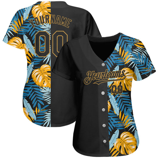 Custom Black Old Gold 3D Pattern Design Hawaii Tropical Leaves Authentic Baseball Jersey - Sky-Custom