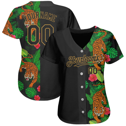 Custom Black Old Gold 3D Pattern Design Hawaii Tropical Tiger Authentic Baseball Jersey - Sky-Custom