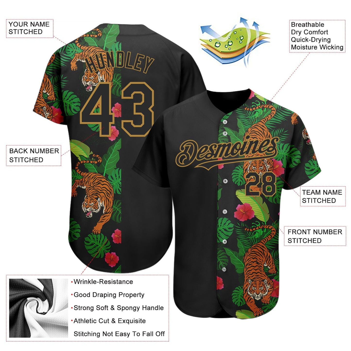 Custom Black Old Gold 3D Pattern Design Hawaii Tropical Tiger Authentic Baseball Jersey - Sky-Custom