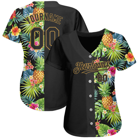 Custom Black Old Gold 3D Pattern Design Hawaii Tropical Pineapples. Palm Leaves And Flowers Authentic Baseball Jersey - Sky-Custom