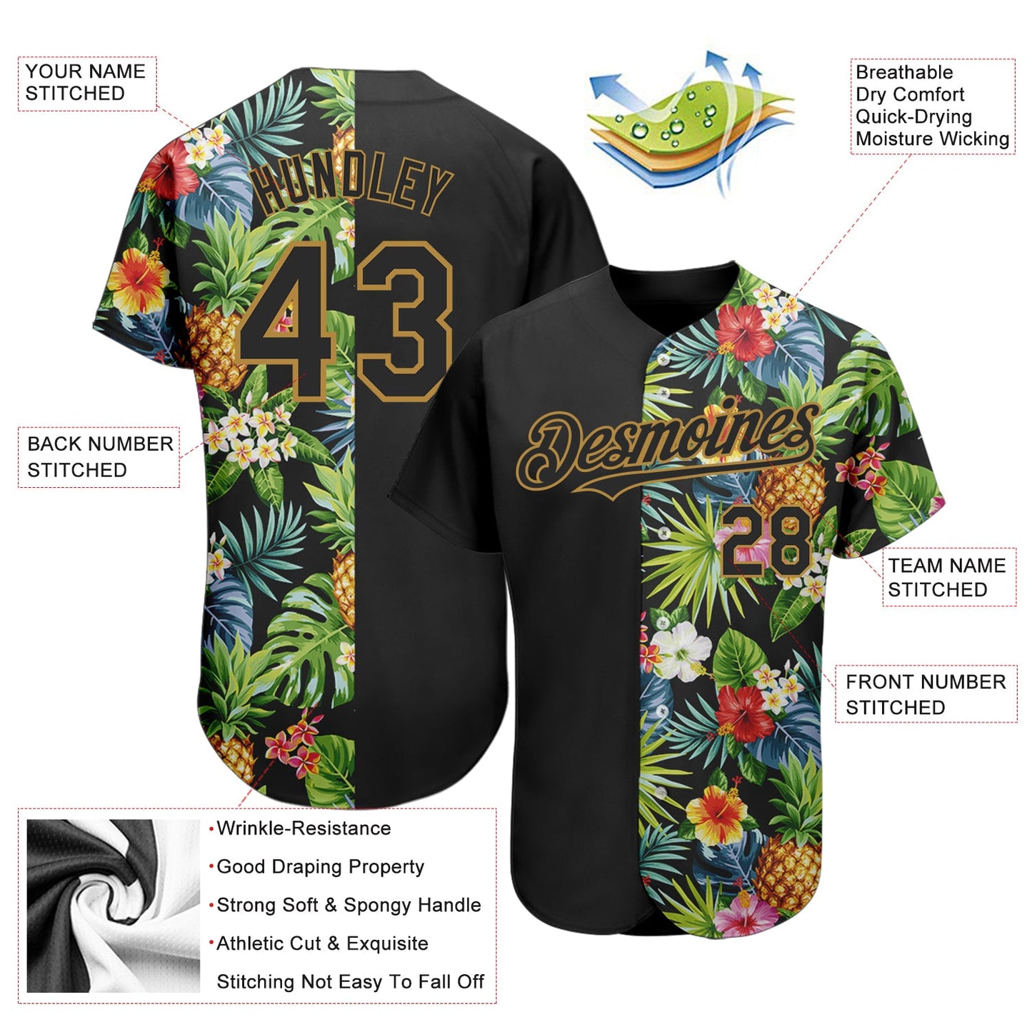 Custom Black Old Gold 3D Pattern Design Hawaii Tropical Pineapples. Palm Leaves And Flowers Authentic Baseball Jersey - Sky-Custom