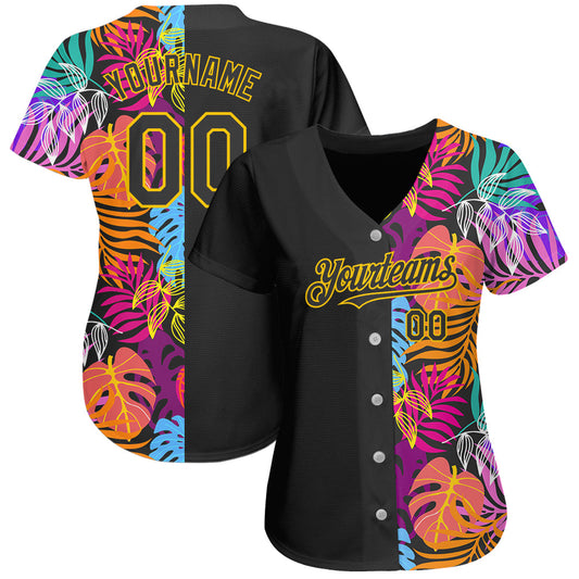 Custom Black Yellow 3D Pattern Design Hawaii Tropical Palm Trees Authentic Baseball Jersey - Sky-Custom