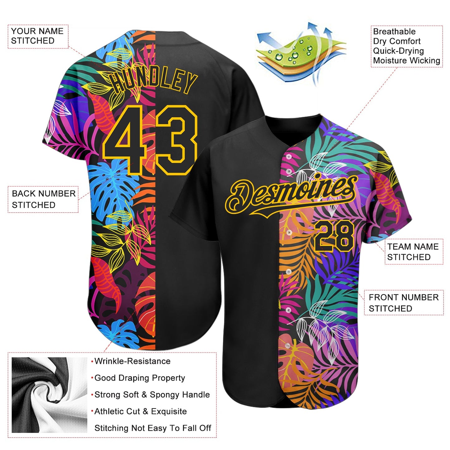 Custom Black Yellow 3D Pattern Design Hawaii Tropical Palm Trees Authentic Baseball Jersey - Sky-Custom