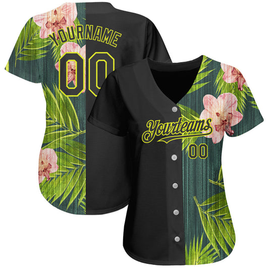 Custom Black Neon Yellow 3D Pattern Design Hawaii Tropical Palm Leaves With Orchids Authentic Baseball Jersey - Sky-Custom
