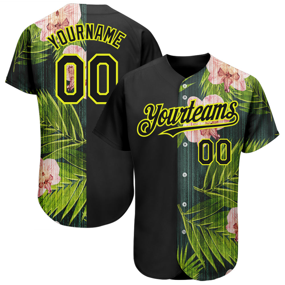 Custom Black Neon Yellow 3D Pattern Design Hawaii Tropical Palm Leaves With Orchids Authentic Baseball Jersey - Sky-Custom