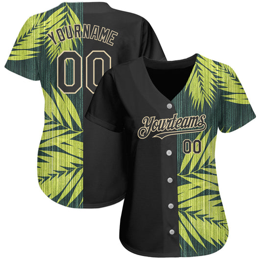 Custom Black City Cream 3D Pattern Design Hawaii Tropical Palm Leaves Authentic Baseball Jersey - Sky-Custom