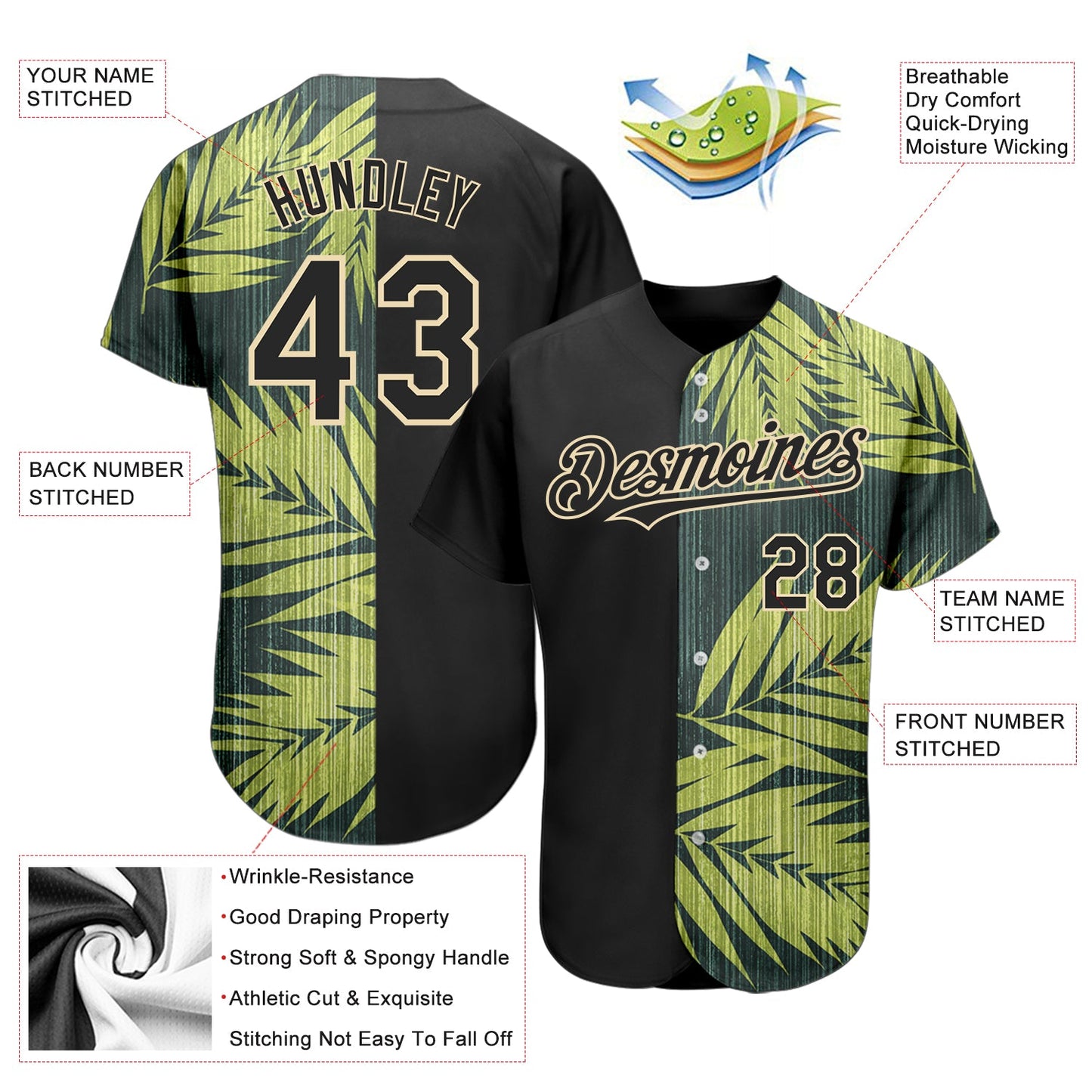 Custom Black City Cream 3D Pattern Design Hawaii Tropical Palm Leaves Authentic Baseball Jersey - Sky-Custom