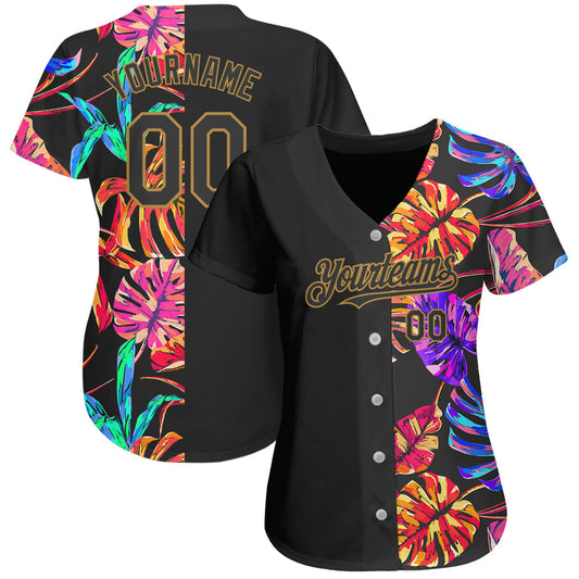 Custom Black Old Gold 3D Pattern Design Hawaii Tropical Palm Leaves Authentic Baseball Jersey - Sky-Custom