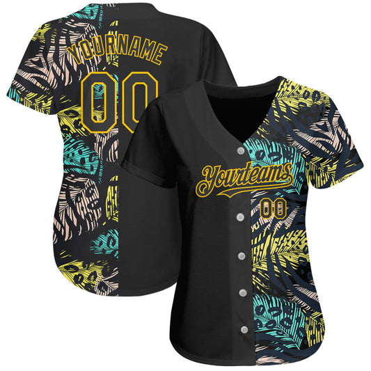 Custom Black Yellow 3D Pattern Design Hawaii Tropical Palm Leaves With Animal Print Authentic Baseball Jersey - Sky-Custom