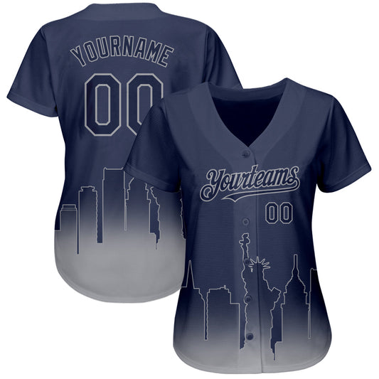 Custom Navy Gray 3D New York City Edition Fade Fasion Authentic Baseball Jersey - Sky-Custom